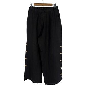 Tempo Paris Linen Pants Black Wide Leg Side Buttons Women's Size Medium